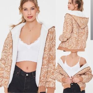 Women's Tan Floral Jacket with White Sherpa Lining